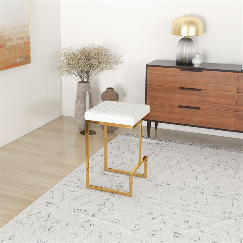 Filomena White Boucle Fabric Upholstered Tufted Kitchen Gold Metal Counter Stool