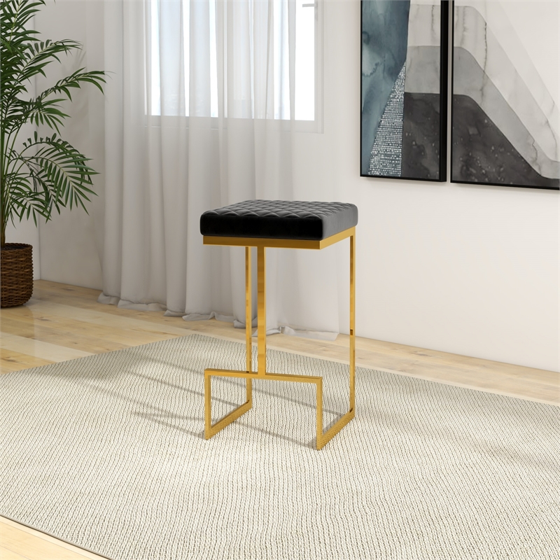 Filomena Modern Black Velvet Upholstered Tufted Kitchen Gold Metal Bar Stool