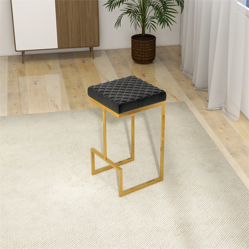 Filomena Modern Black Velvet Upholstered Tufted Kitchen Gold Metal Bar Stool