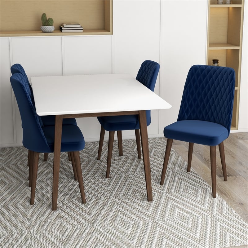Adir Modern Solid Wood Table and Blue Fabric Chair Dining Room Furniture Set