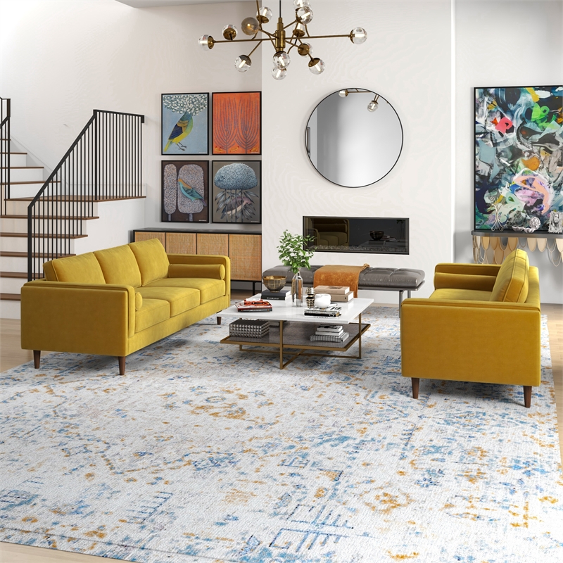 Fatin Mid Century Modern Living Room Velvet Sofa Set in Gold