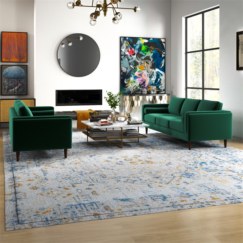 Fatin Mid Century Modern Living Room Velvet Sofa Set in Green