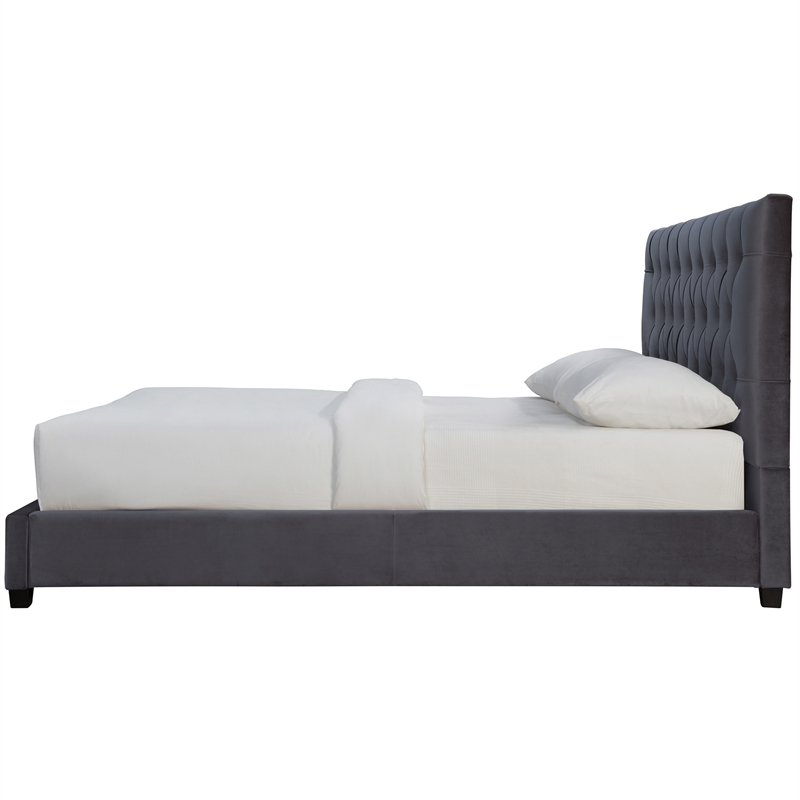 Elda Mid Century Modern Gray Velvet Upholstered Queen Platform Bed
