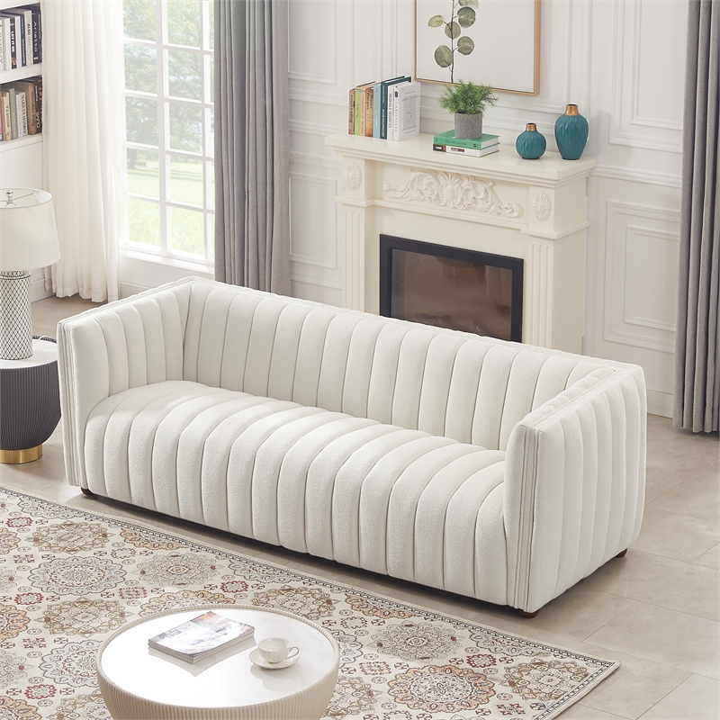 Rasem Modern Luxry Tight Tufted Back Cream French Boucle Fabric Couch