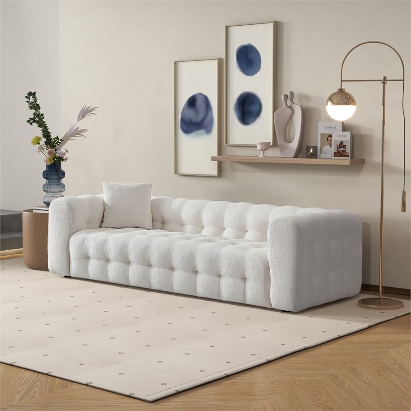 Ashcroft Marsi Luxry Chesterfield French Boucle Fabric Couch in Cream