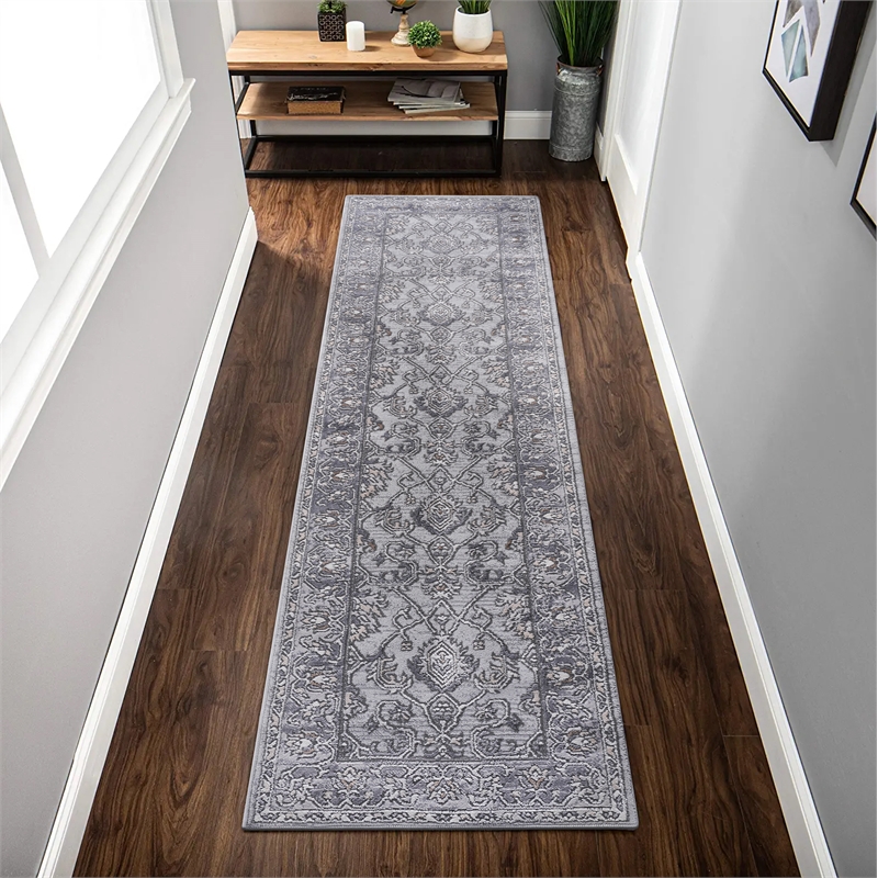 Usak Collection 2' x 8' Ivory/Silver Oriental Distressed Non-Shedding Area Rug