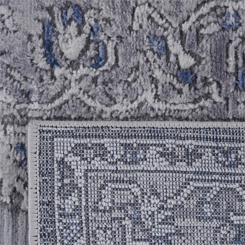 Usak Collection 2' x 8' Gray/Blue Oriental Distressed Non-Shedding Area Rug