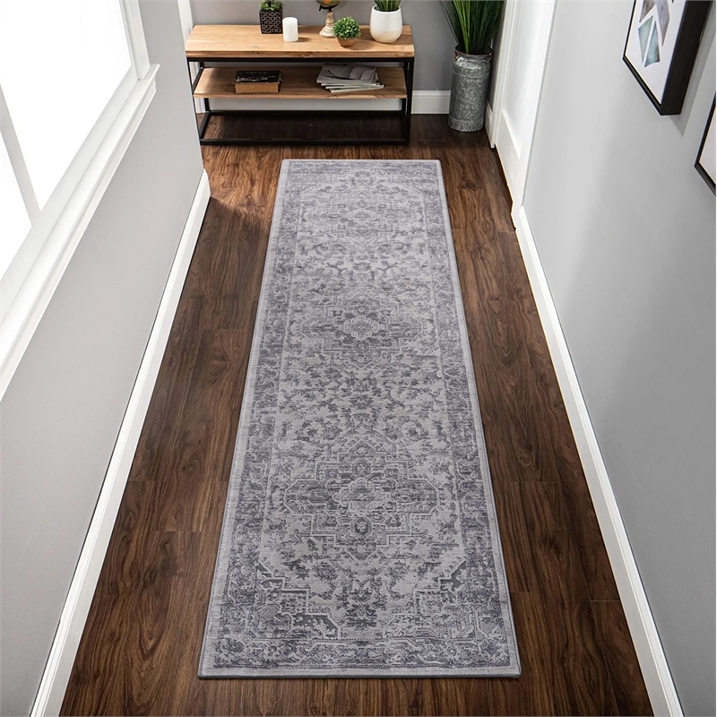 Usak Collection 2' x 8' Gray/Blue Oriental Distressed Non-Shedding Area Rug