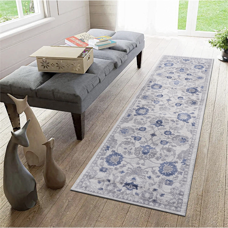 Usak Collection 2' x 8' Blue/Gray Oriental Distressed Non-Shedding Area Rug