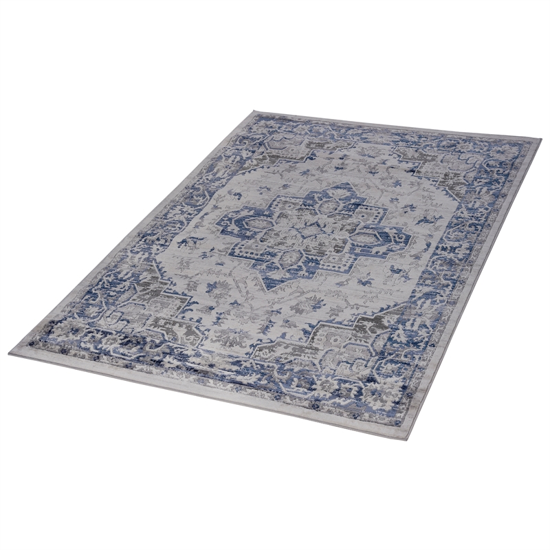 Usak Collection 6' x 9' Blue/Gray Oriental Distressed Non-Shedding Area Rug