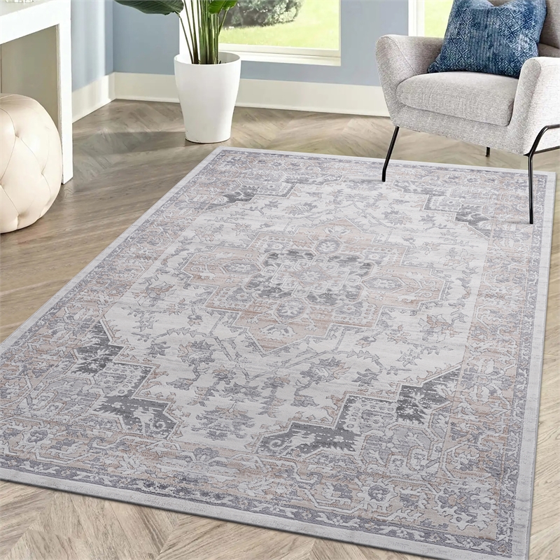 Usak Collection 6' x 9' Blue/Gray Oriental Distressed Non-Shedding Area Rug