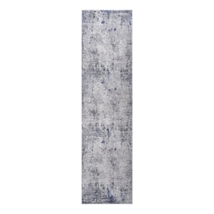 Usak Collection 2' x 8' Silver/Blue Oriental Distressed Non-Shedding Area Rug