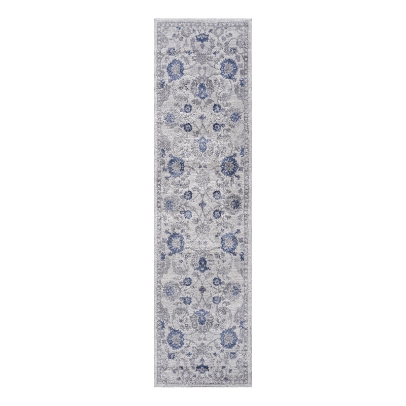 Usak Collection 2' x 8' Blue/Silver Oriental Distressed Non-Shedding Area Rug