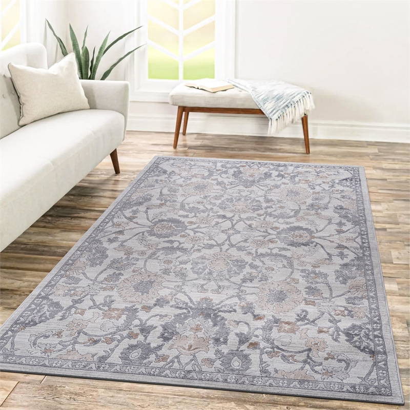 Usak Collection 7' x 10' Blue/Silver Oriental Distressed Non-Shedding Area Rug
