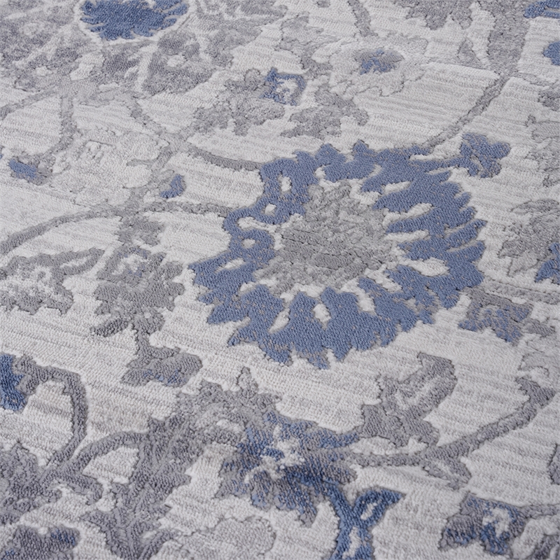 Usak Collection 7' x 10' Blue/Silver Oriental Distressed Non-Shedding Area Rug