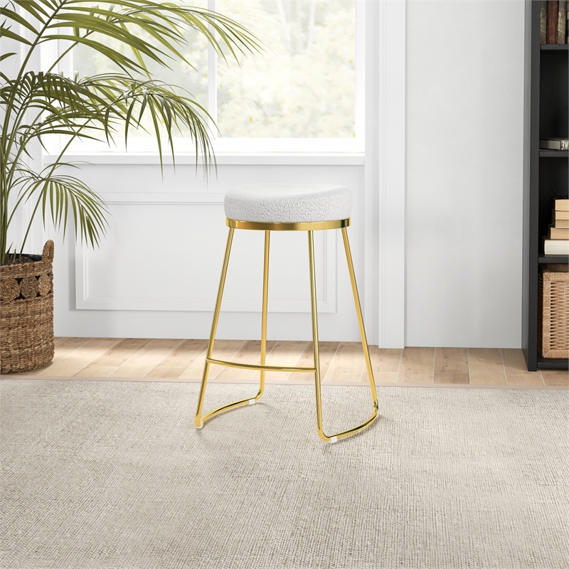 Bergman Luxury Cream Boucle Fabric Tufted Kitchen Counter Gold Metal Stool