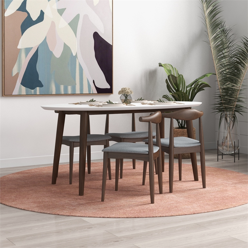 Aslan Modern Solid Wood Walnut Oval Dining Room Table and Chair Set for 4