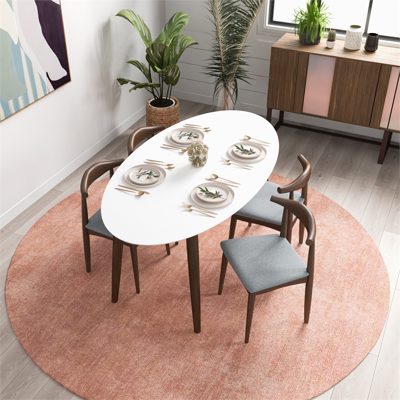Aslan Modern Solid Wood Walnut Oval Dining Room Table and Chair Set for 4