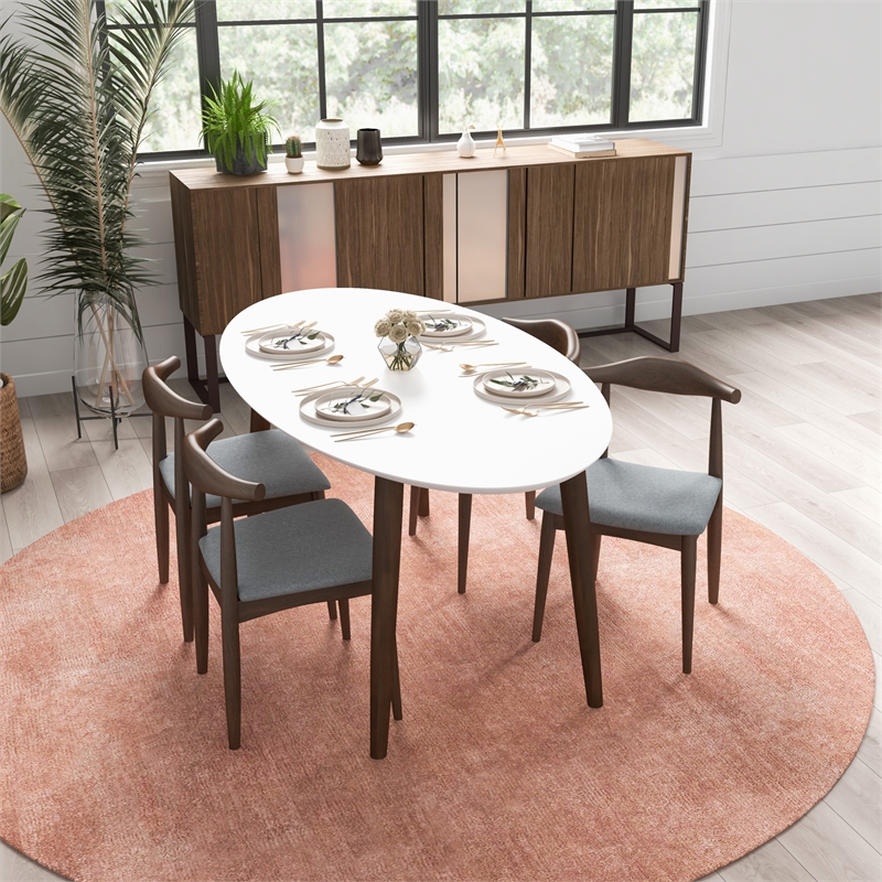 Aslan Modern Solid Wood Walnut Oval Dining Room Table and Chair Set for 4