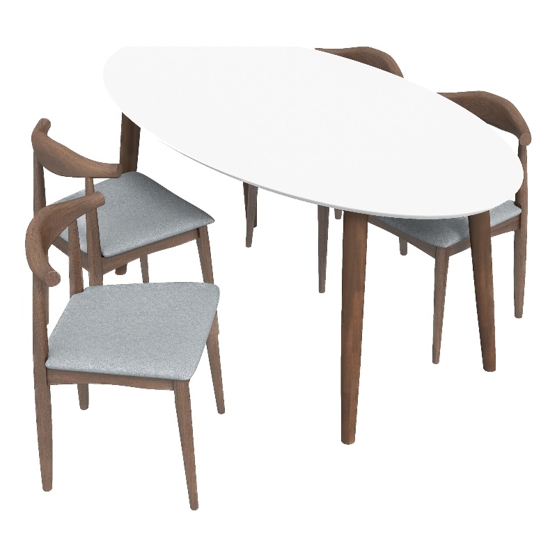 Aslan Modern Solid Wood Walnut Oval Dining Room Table and Chair Set for 4