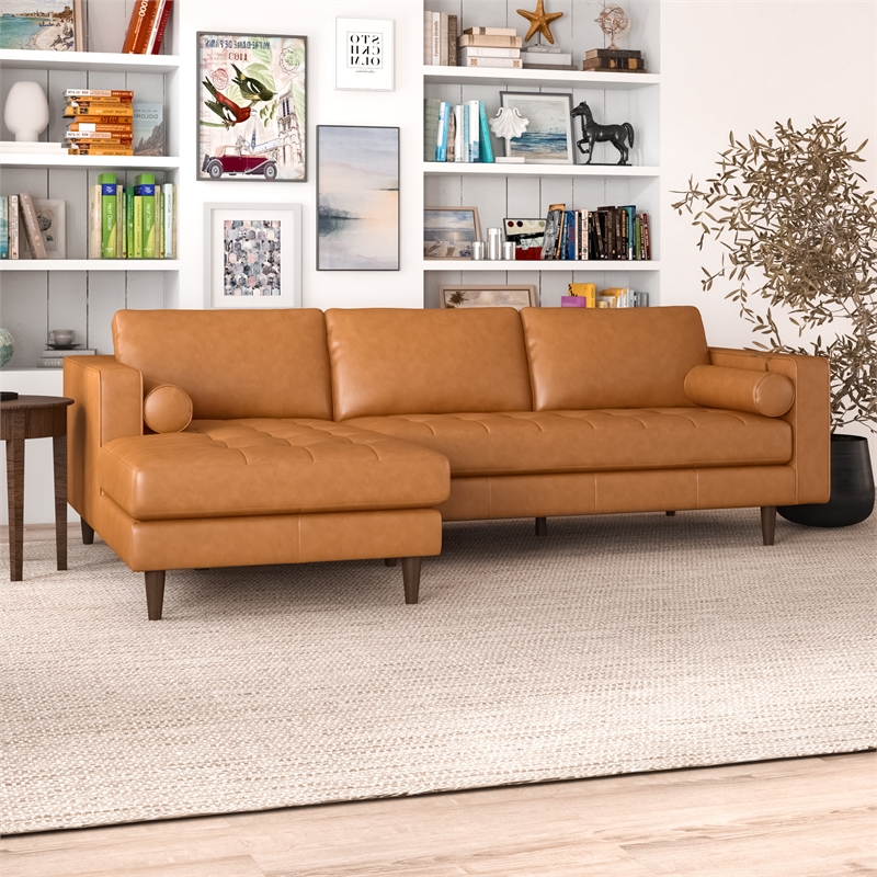 Desmond Cognac Tan Leather Living Room Tufted Left Faced Corner Sectional Sofa