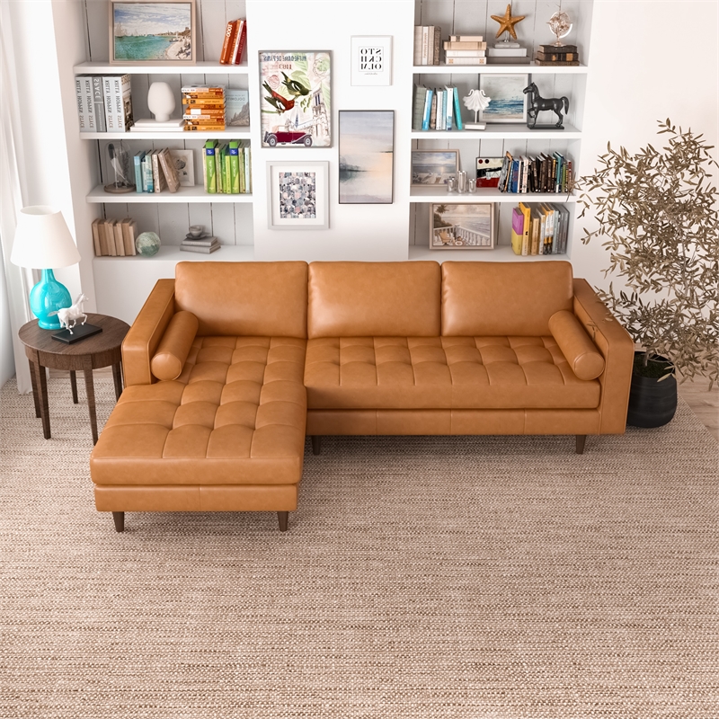 Desmond Cognac Tan Leather Living Room Tufted Left Faced Corner Sectional Sofa