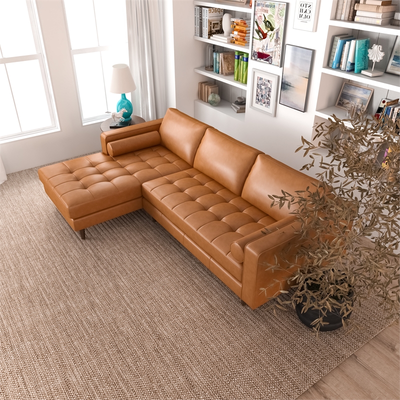 Desmond Cognac Tan Leather Living Room Tufted Left Faced Corner Sectional Sofa