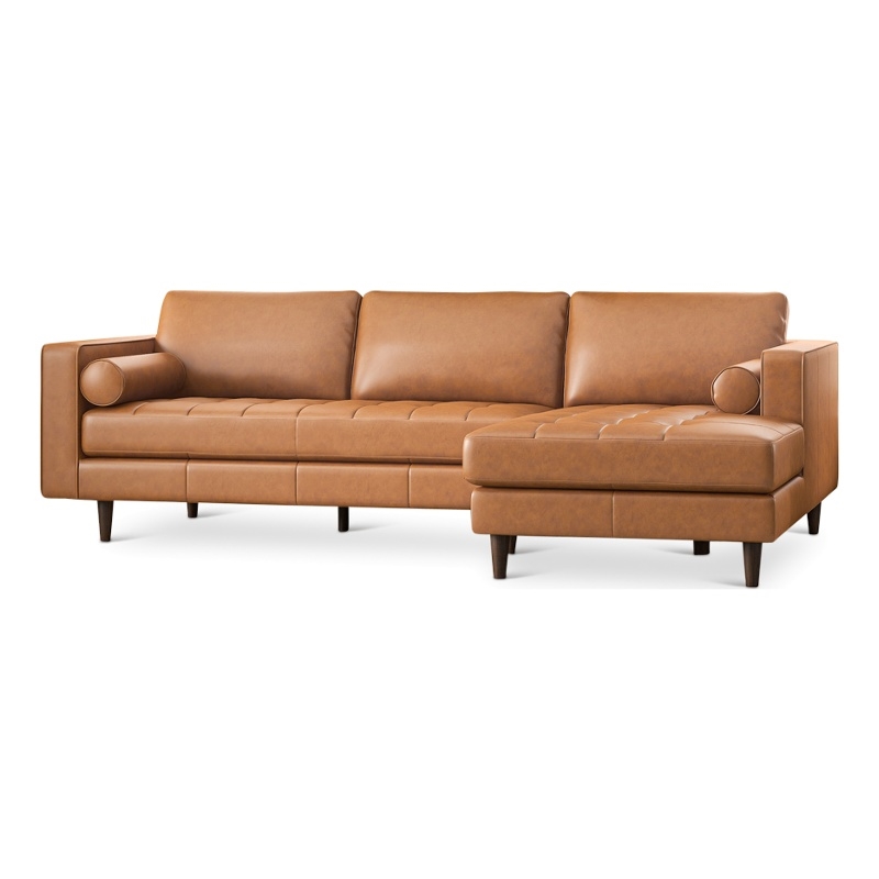 Desmond Cognac Tan Leather Living Room Tufted Right Faced Corner Sectional Sofa