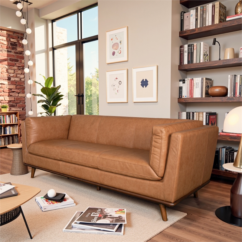 Rowan Living Room Soft Top Grain Leather Sofa in Cognac Tan