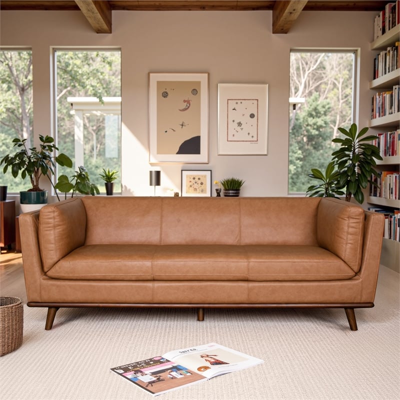 Rowan Living Room Soft Top Grain Leather Sofa in Cognac Tan