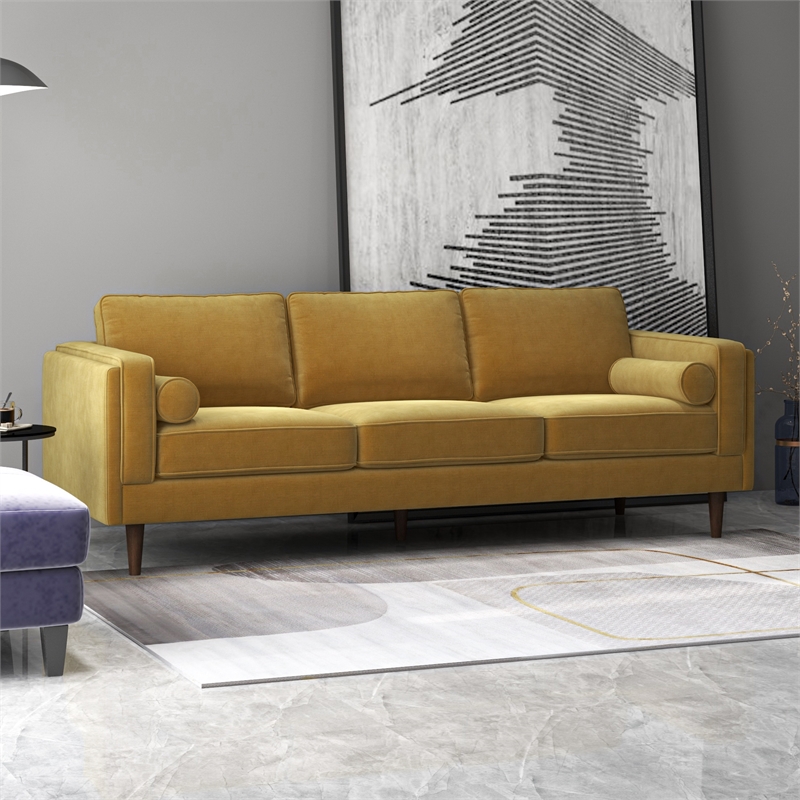 Helena Modern Living Room Pillow Back Dark Yellow Velvet Upholstered Sofa