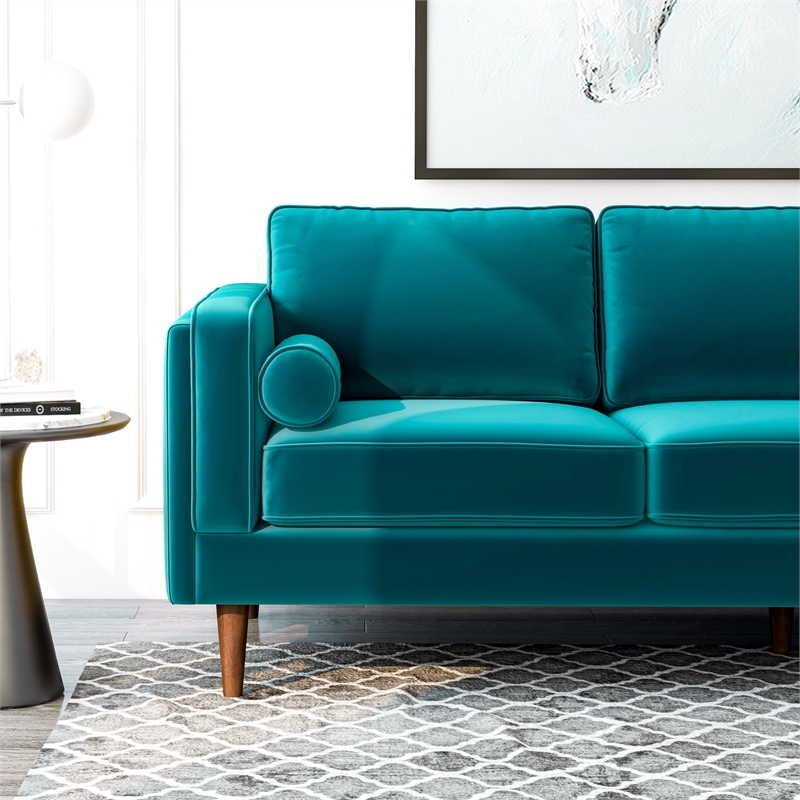 Helena Modern Living Room Rectangular Pillow Back Turquoise Velvet Sofa
