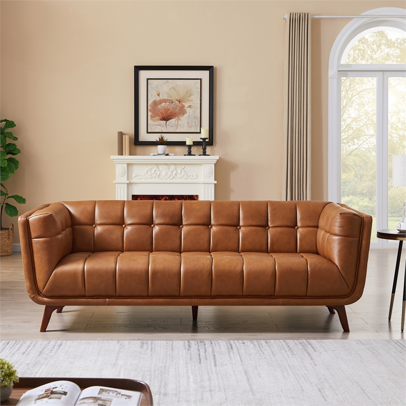 Alosio Modern Living Room Chesterfield Tufted Back Leather Sofa in Genuine Tan
