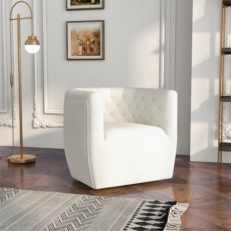 Lutton Modern Living Room Round Back Boucle Fabric Swivel Chair in Cream