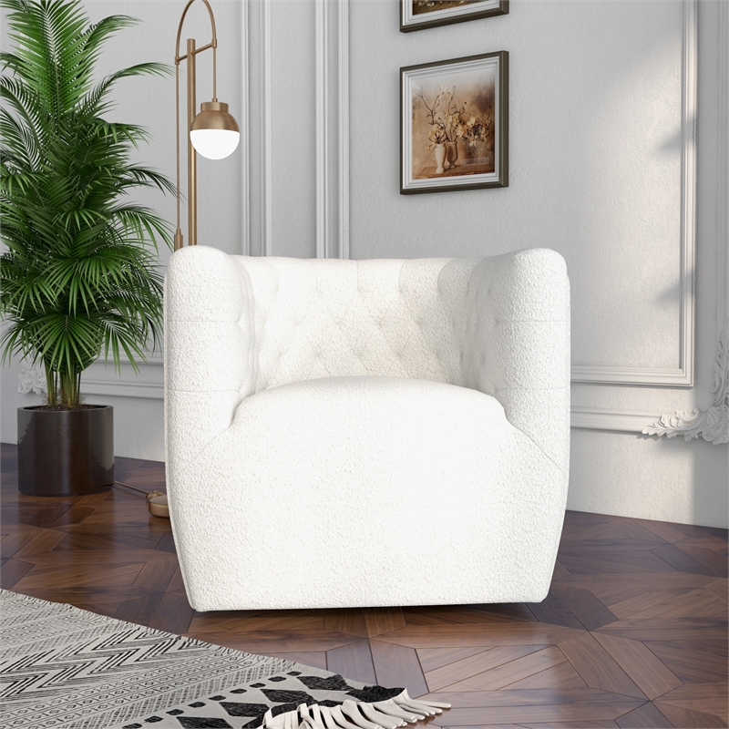 Lutton Modern Living Room Round Back Boucle Fabric Swivel Chair in Cream