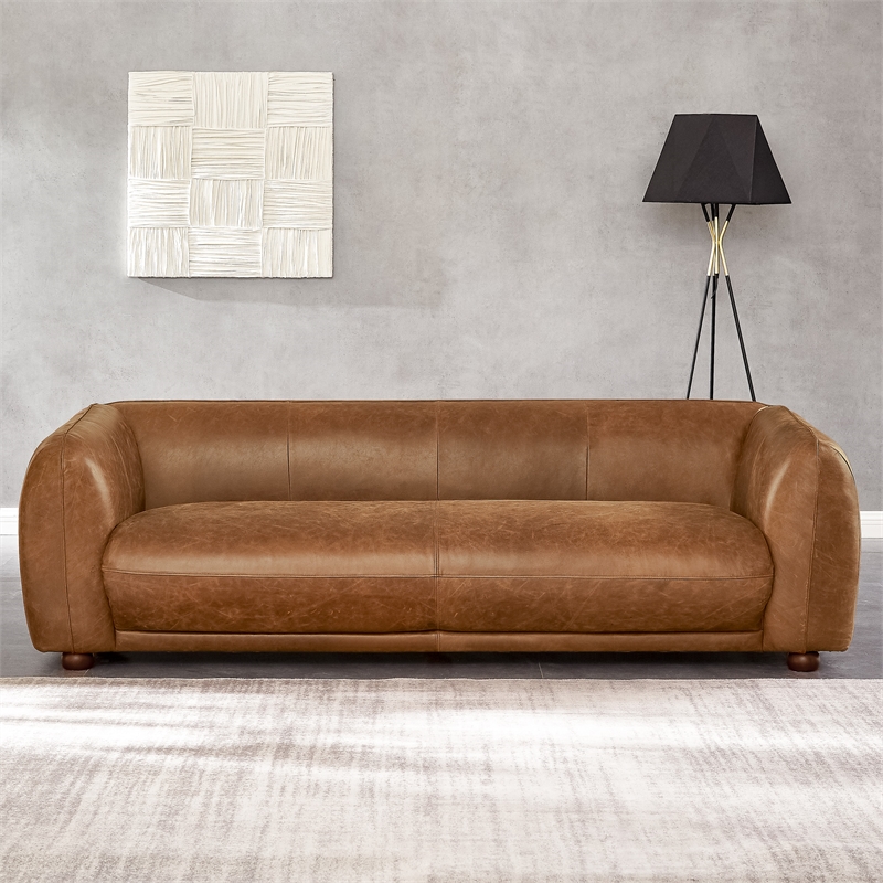 Maylo Mid Century Modern Luxury Italian Leather Couch in Brown Tan