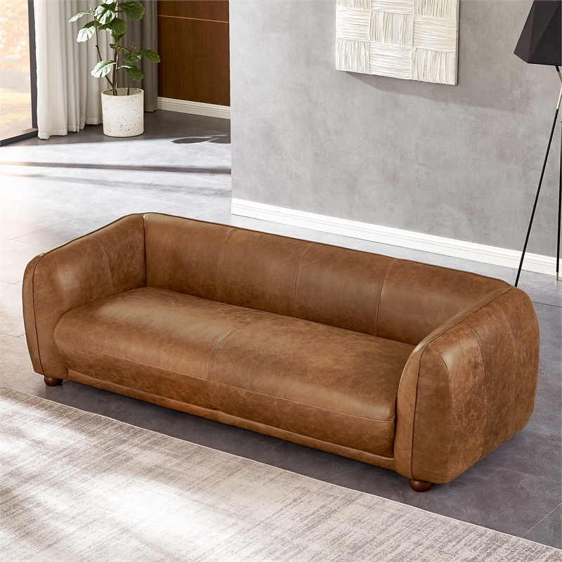 Maylo Mid Century Modern Luxury Italian Leather Couch in Brown Tan
