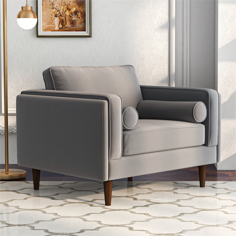 Hudson Mid-Century Modern Pillow Back Velvet Upholstered Armchair in Gray