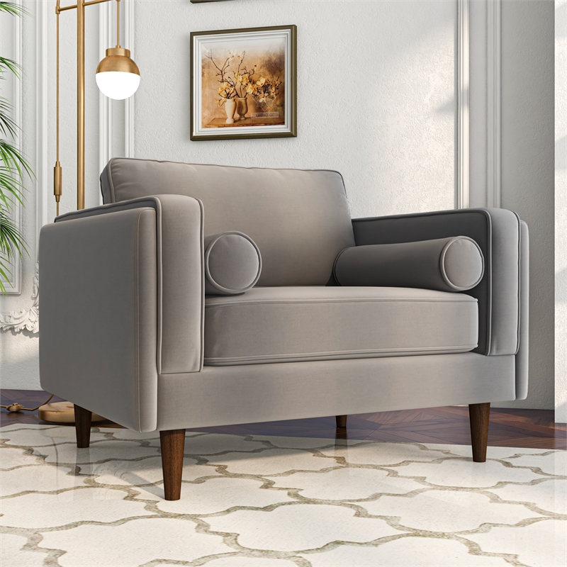Hudson Mid-Century Modern Pillow Back Velvet Upholstered Armchair in Gray