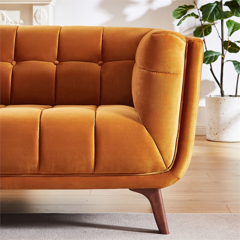 Alosio Mid Century Rectangular Tufted Back Velvet Upholstered Sofa in Orange
