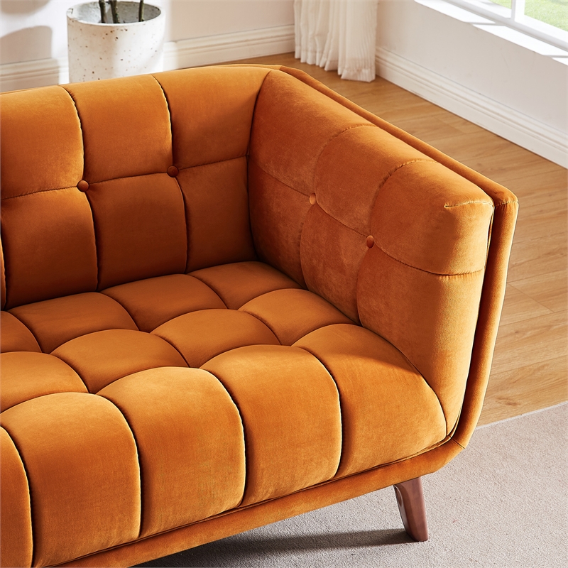 Alosio Mid Century Rectangular Tufted Back Velvet Upholstered Sofa in Orange