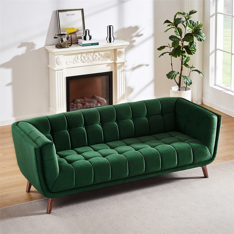 Alosio Living Room Rectangular Tufted Back Velvet Upholstered Sofa in Dark Green