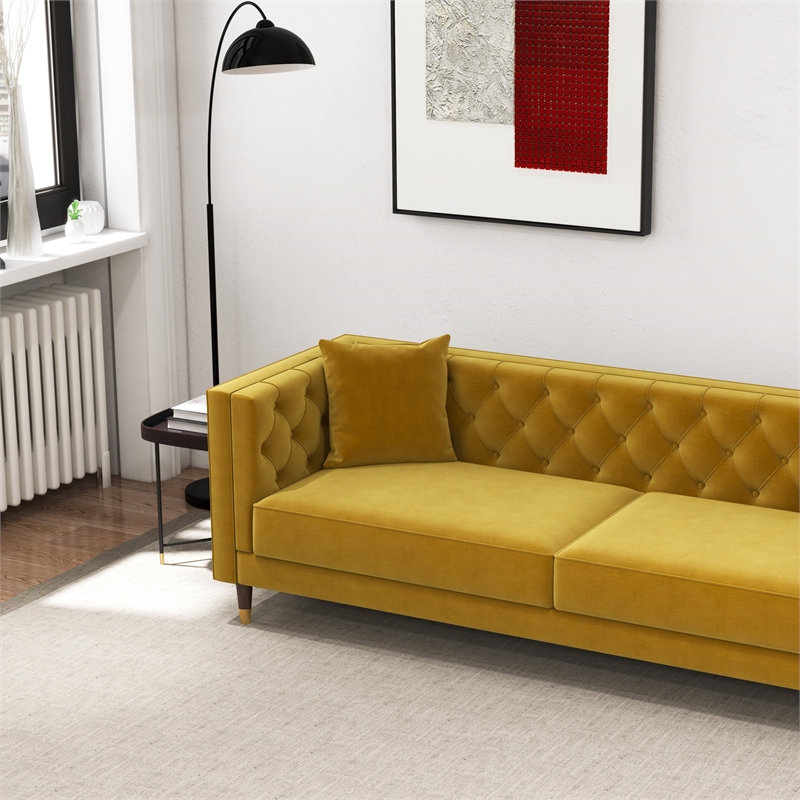 Ashcroft Lana Tufted Velvet Upholstered Couch in Yellow Mustard