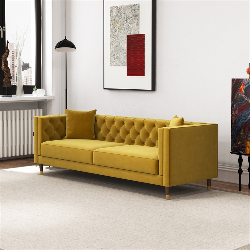 Ashcroft Lana Tufted Velvet Upholstered Couch in Yellow Mustard