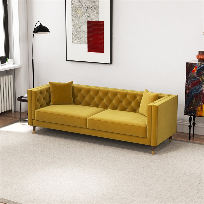 Ashcroft Lana Tufted Velvet Upholstered Couch in Yellow Mustard