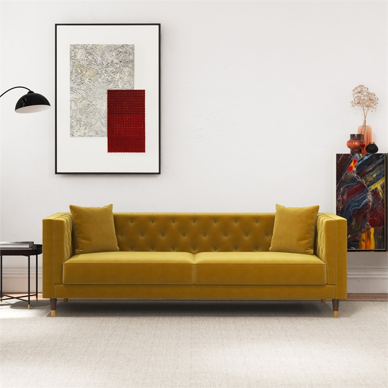 Ashcroft Lana Tufted Velvet Upholstered Couch in Yellow Mustard