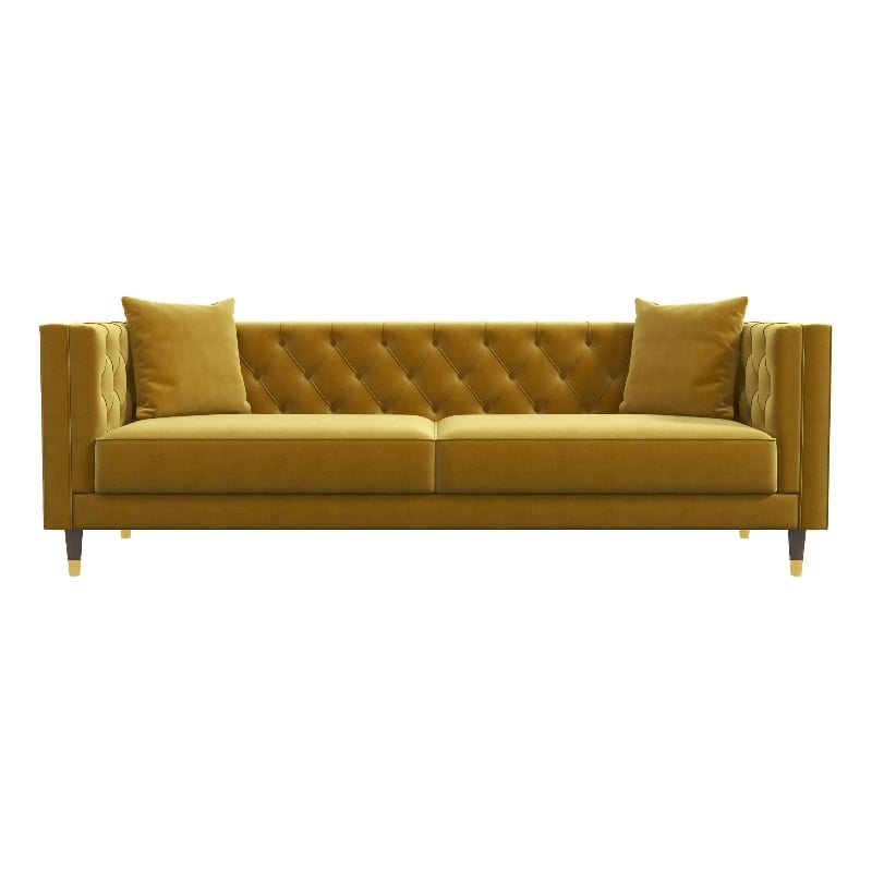 Ashcroft Lana Tufted Velvet Upholstered Couch in Yellow Mustard