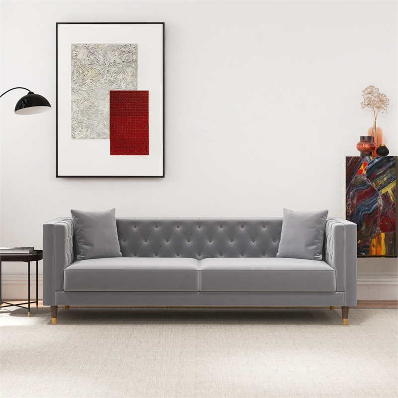 Lana Living Room Tufted Velvet Upholstered Couch in Light Gray
