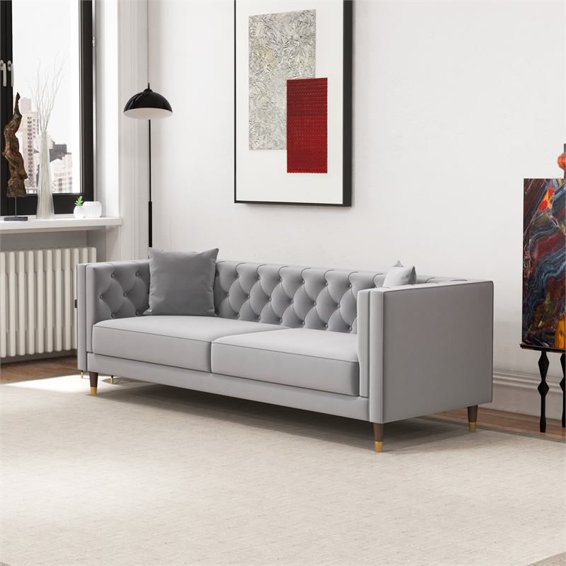 Lana Living Room Tufted Velvet Upholstered Couch in Light Gray