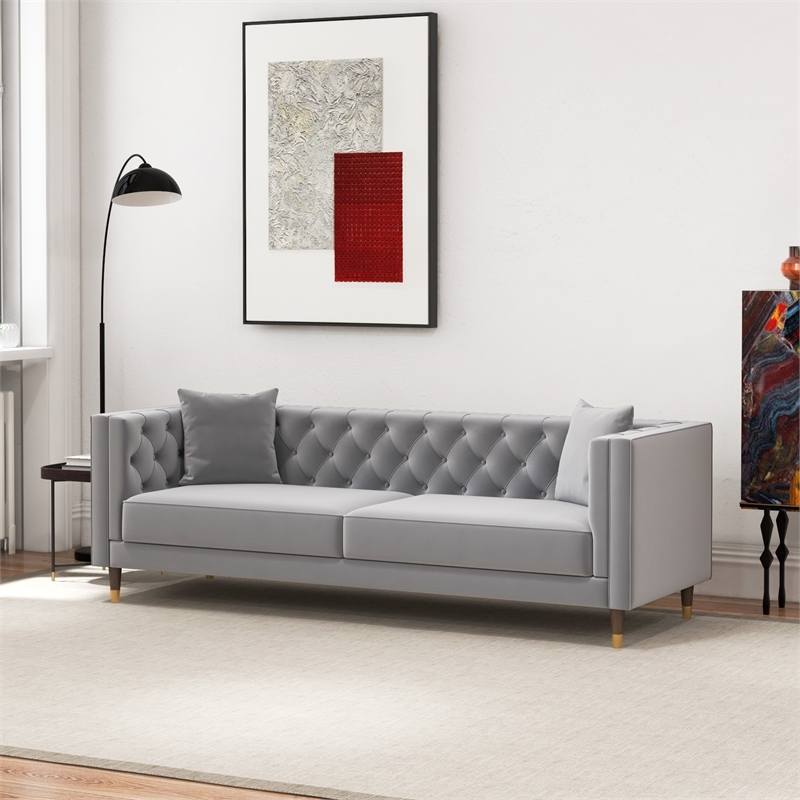 Lana Living Room Tufted Velvet Upholstered Couch in Light Gray